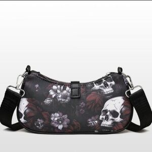 New Womens Skull & Roses Black Small Purse Cross Body Bag+ Add On Mini Bag Clip